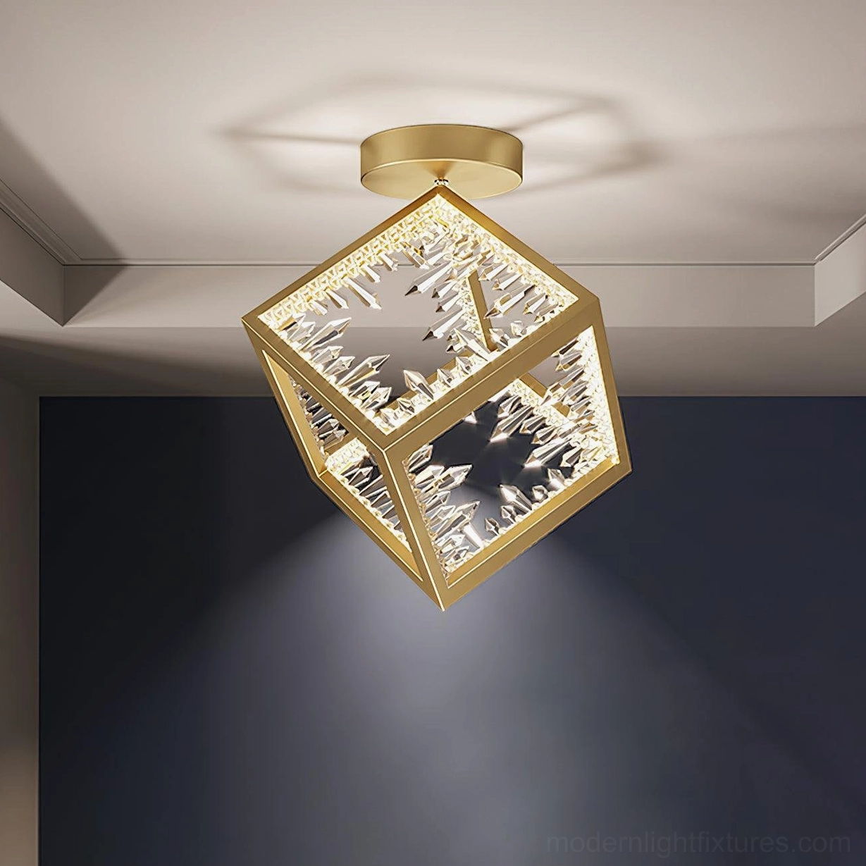 Modern gold ceiling light with hand-carved acrylic and crystal glass design detail