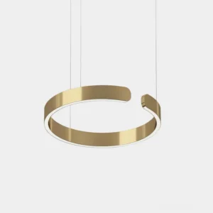 Modern halo ring LED pendant lamp with gold finish, front view on neutral background