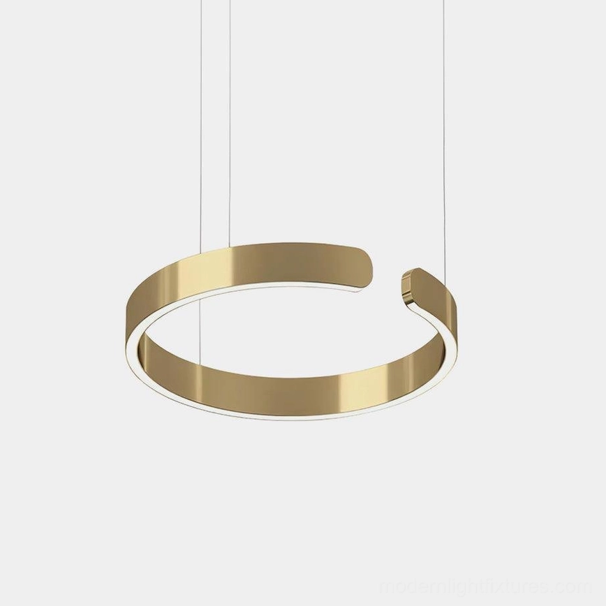 Modern halo ring LED pendant lamp with gold finish, front view on neutral background
