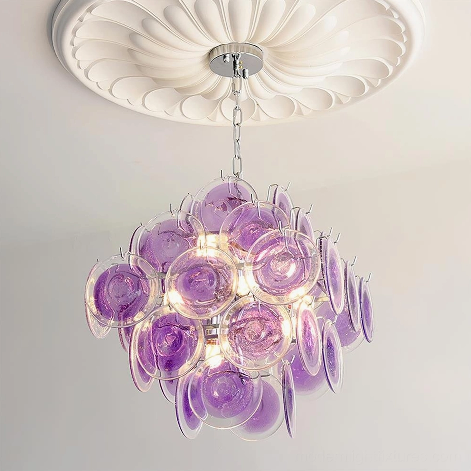 Modern hand-blown glass disc chandelier side profile view showing disc cascade arrangement and overall form
