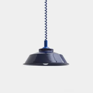 Modern industrial pendant light with dark blue glossy metal shade and blue coiled cord - studio front view