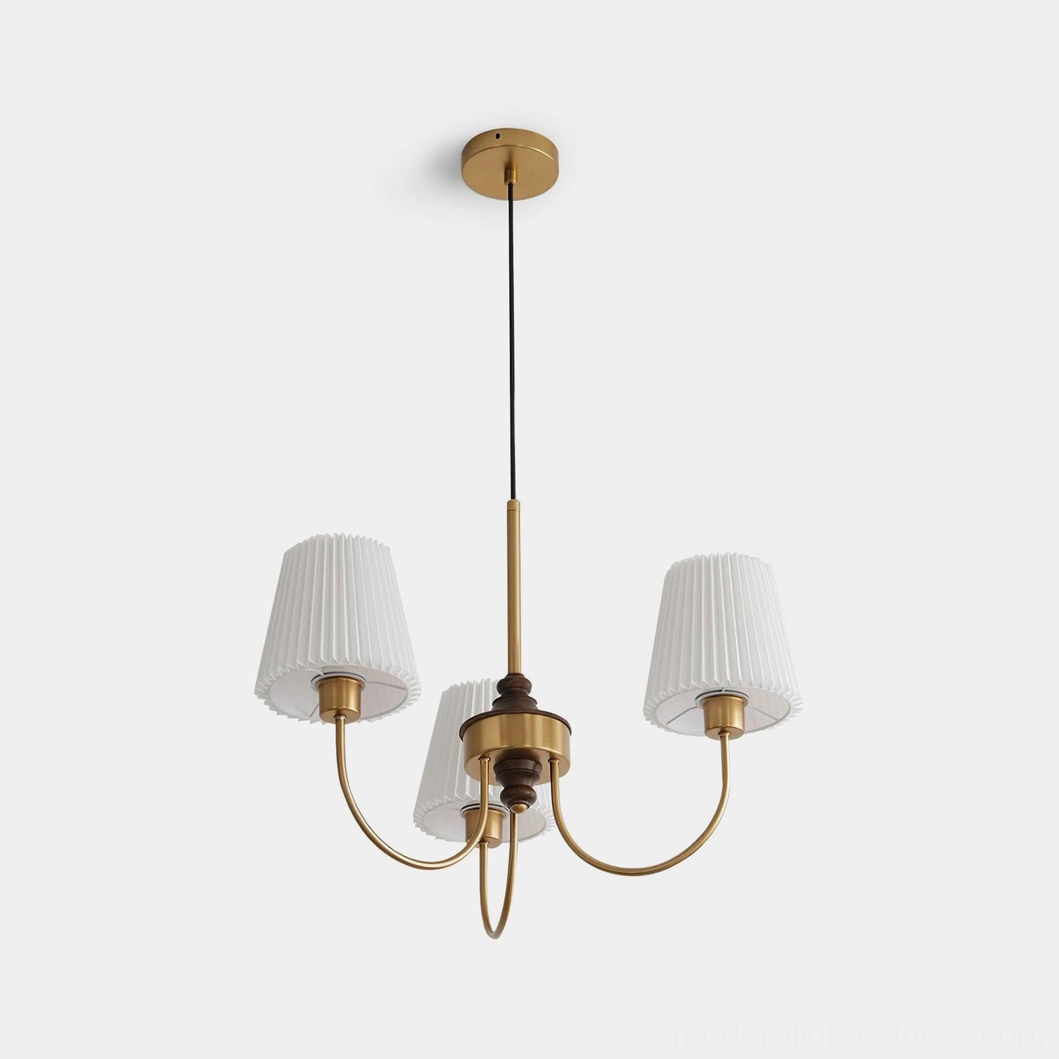 Modern Jeremiah 3-light farmhouse chandelier with brushed gold metal frame and pleated white fabric shades in studio setting