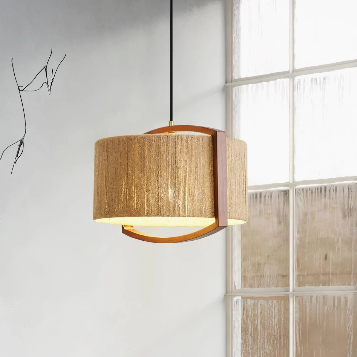 Woven cotton pendant lamp in minimalist interior, side angle view with grid window and modern wall decor