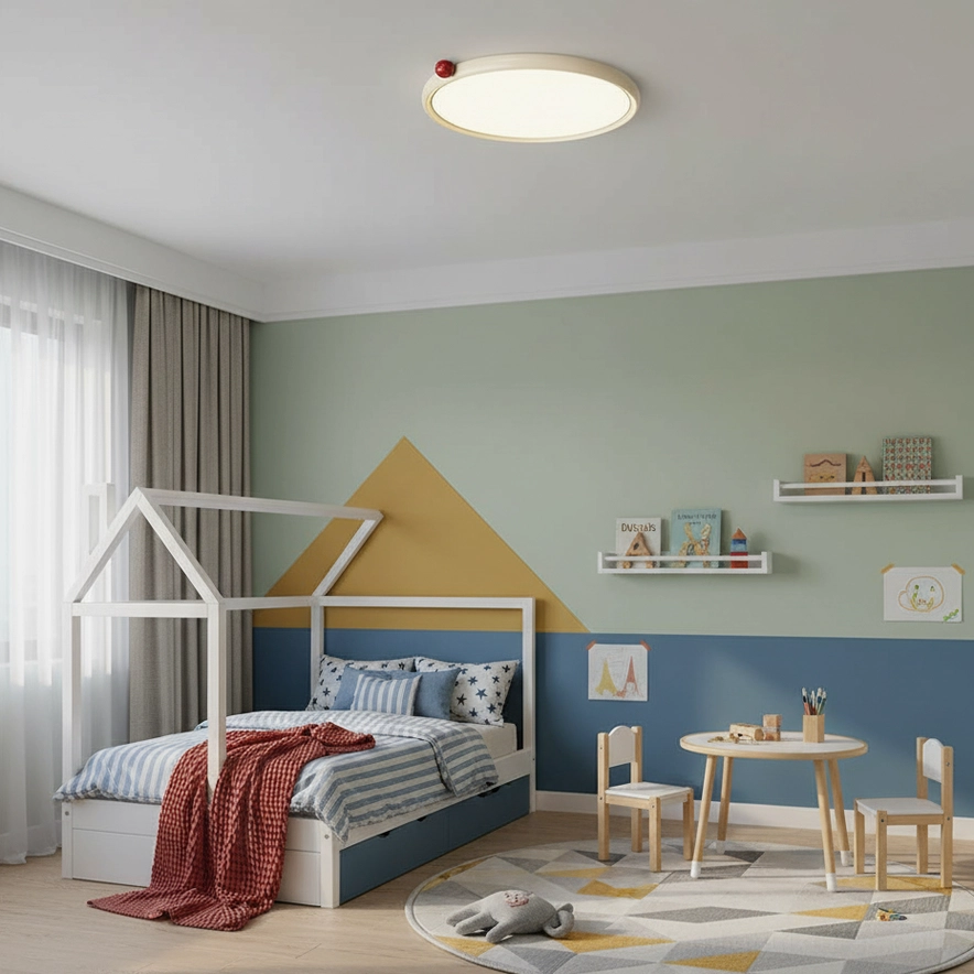 Minimalist LED ceiling light with slim white frame installed in modern kids room with house bed frame
