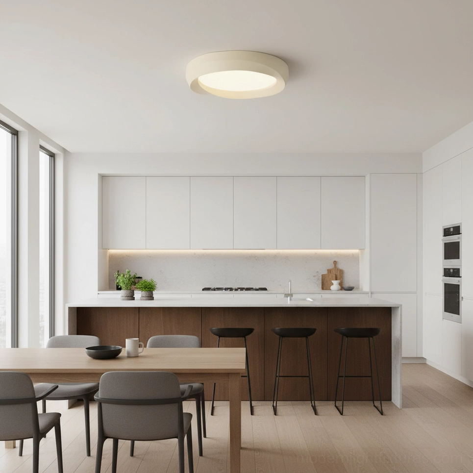 Contemporary flush mount ceiling lamp illuminating modern open-plan kitchen and dining area