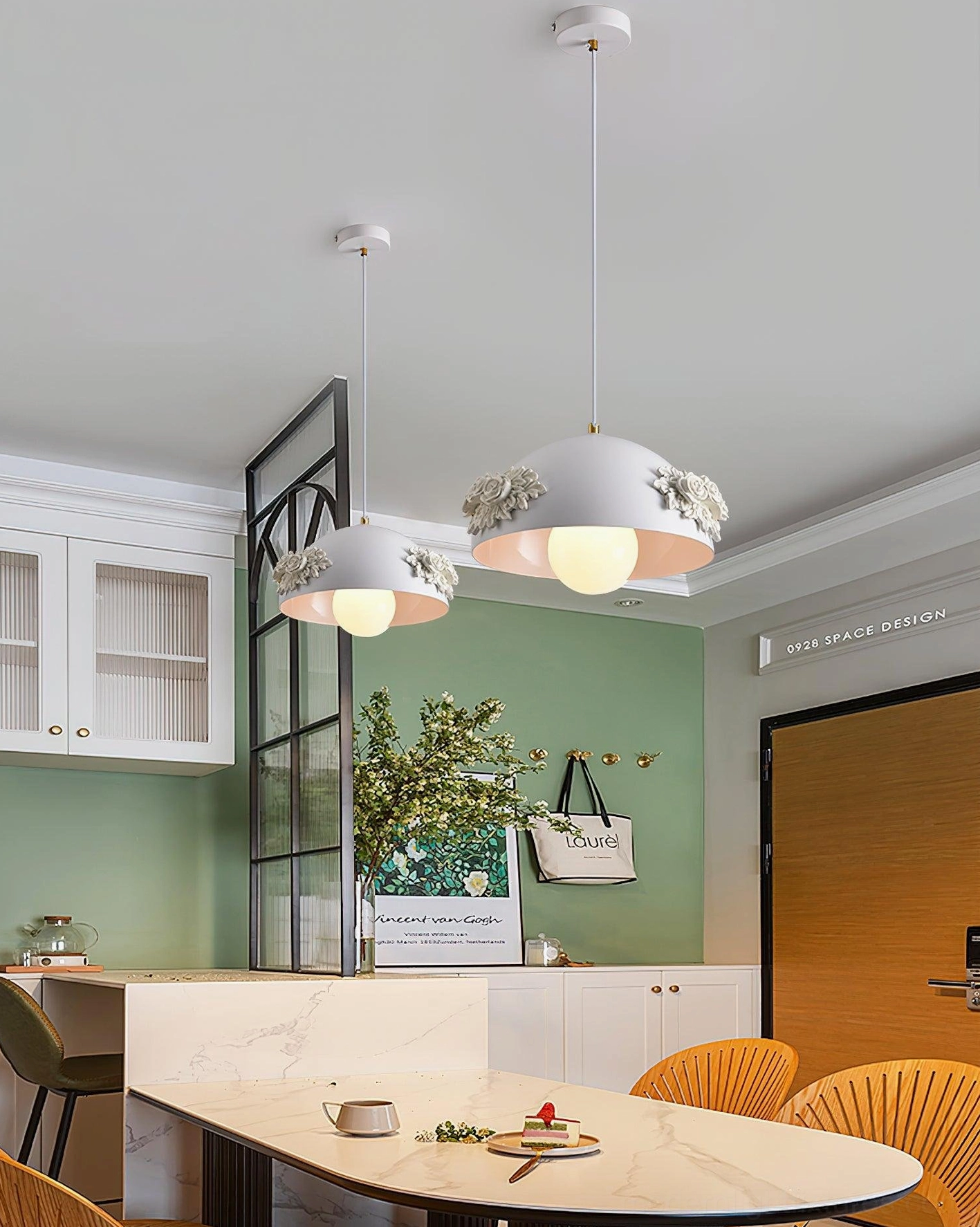 Multiple floral dome pendant lights installed in modern kitchen dining space over marble dining table, fresh green minimalist home style