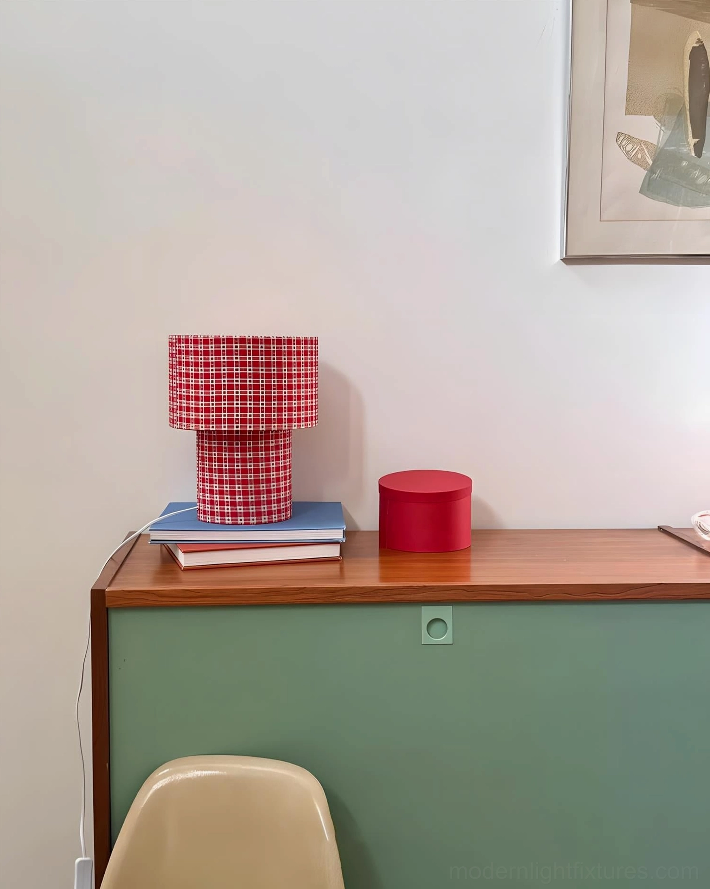 Contemporary latticefield table lamp with bold color and pattern textile wrapped metal base