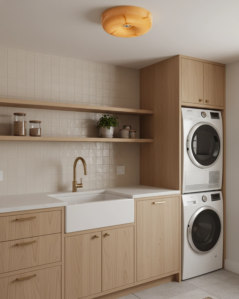 Contemporary ceiling light in modern laundry room with stacked washer dryer and farmhouse sink