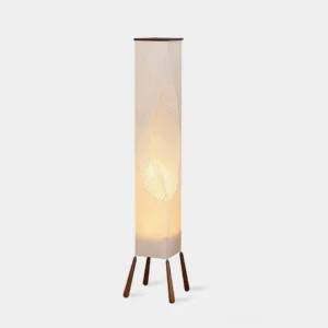 Modern leaf floor lamp with wooden tripod base and intricate leaf-pattern fabric shade on white background