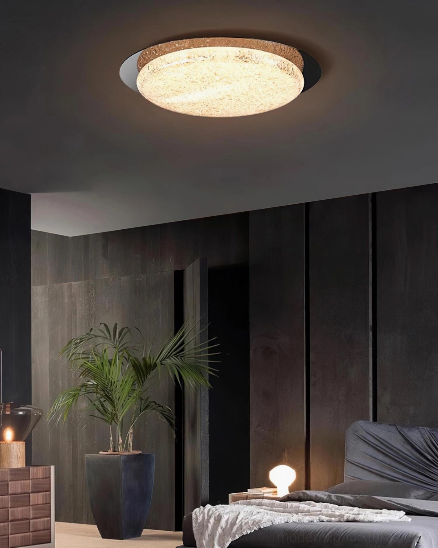 Warm ambient LED ceiling light installed in modern bedroom - installed view with warm glow