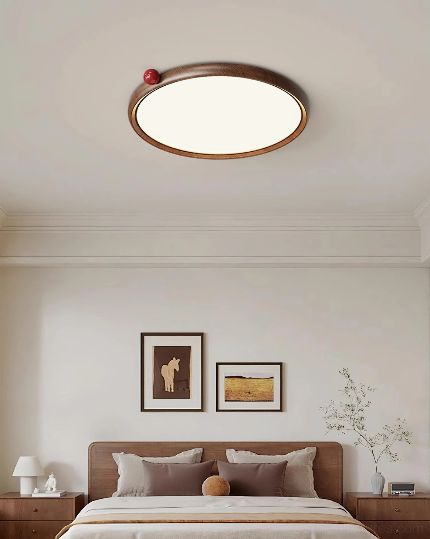 Modern LED ceiling light fixture with energy-efficient design in bright contemporary bedroom