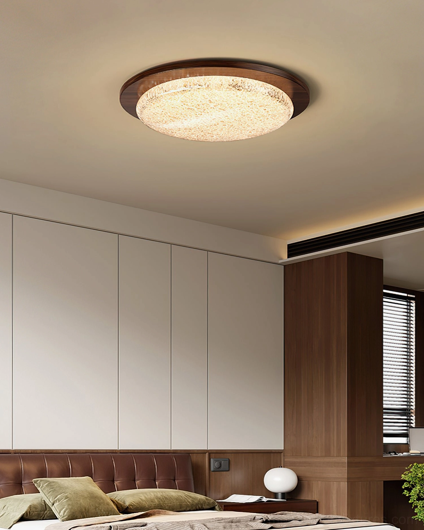 Minimalist LED ceiling light fixture in contemporary bedroom with built-in wardrobes - soft warm lighting