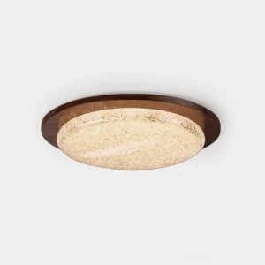 Modern LED flush mount ceiling light with walnut wooden trim and textured frosted glass diffuser - overhead studio view