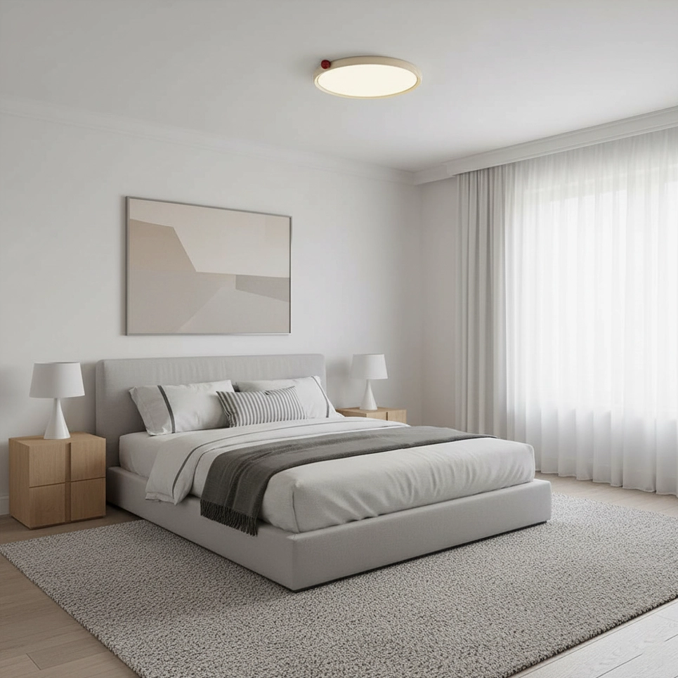 Modern LED round ceiling light fixture providing soft ambient lighting in minimalist master bedroom