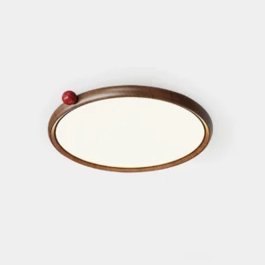 Geos modern LED round ceiling light fixture with walnut wood frame and red decorative accent in minimalist design