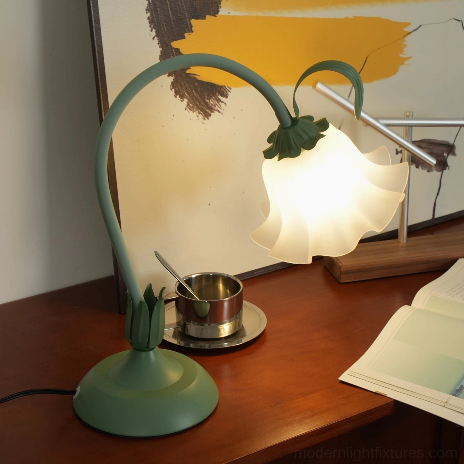 Modern lily flower table lamp with sage green frame in contemporary bedroom interior design