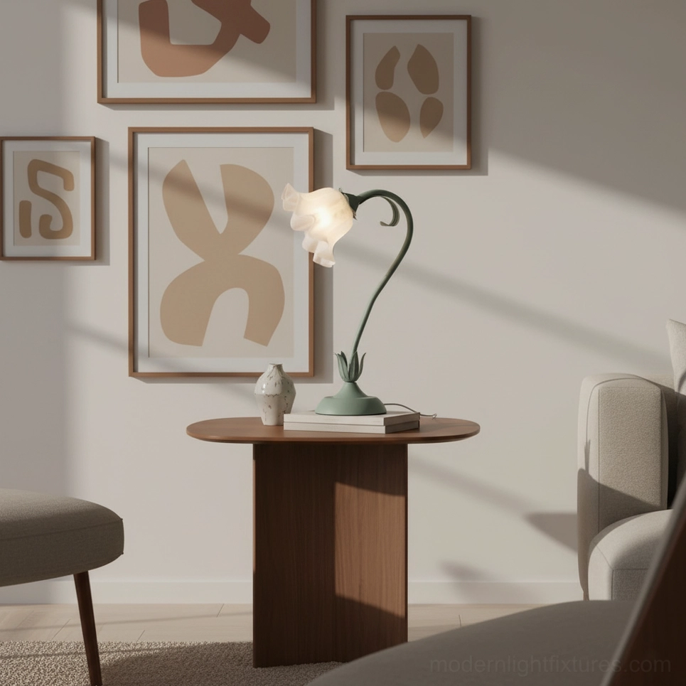 Contemporary lily flower table lamp with white frosted shade and sage green stem in bedroom setting