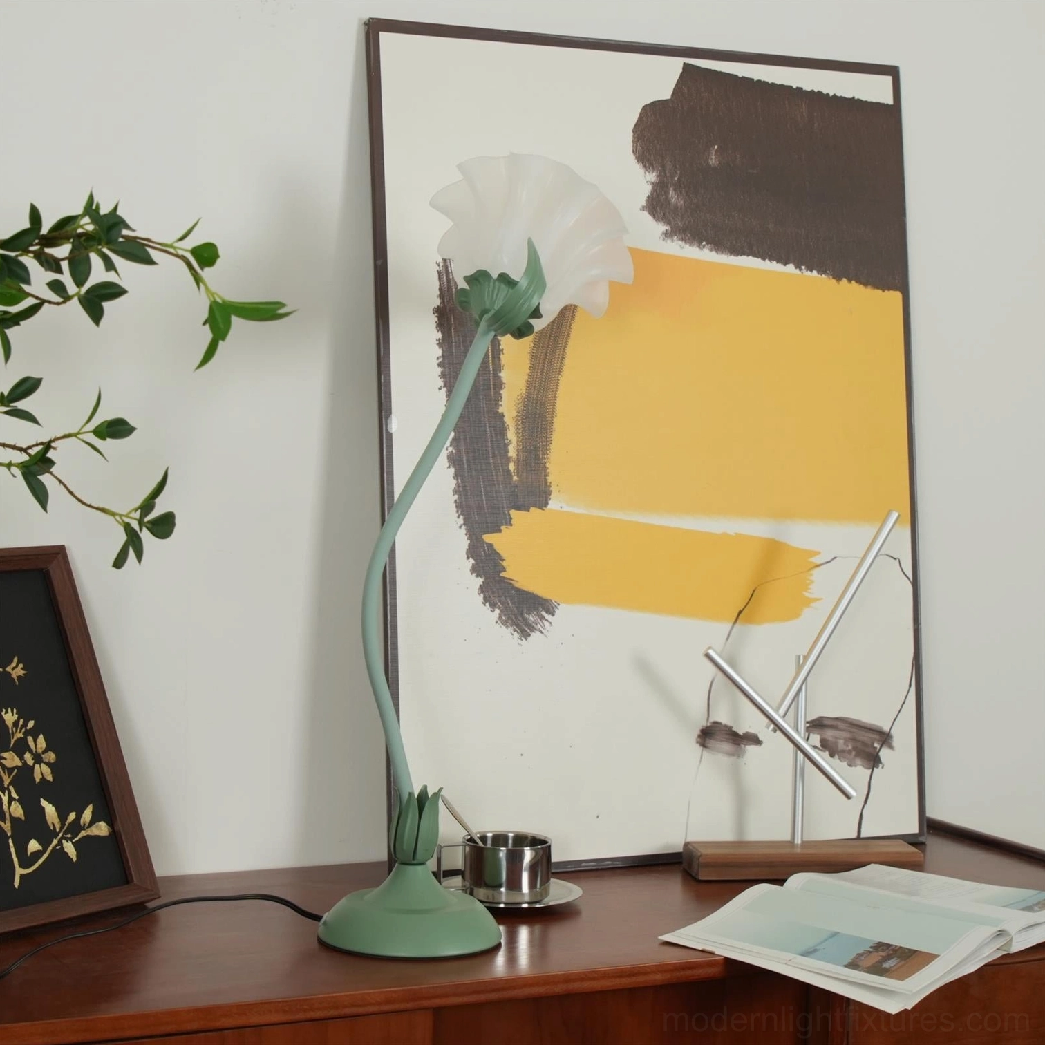 Modern lily flower table lamp compatible with dimmer switches in contemporary living room