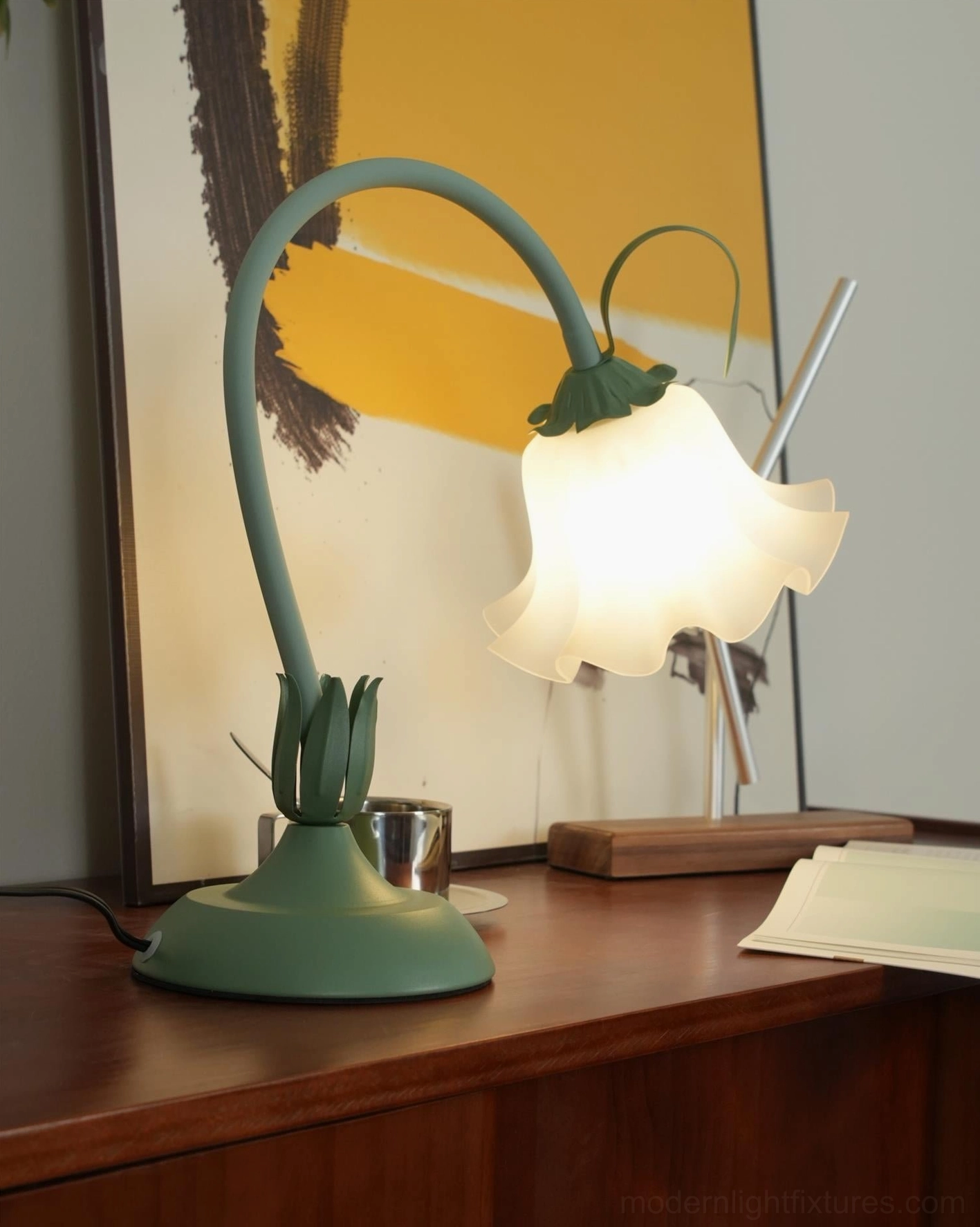 Modern lily flower table lamp with white frosted glass petal shade in home interior