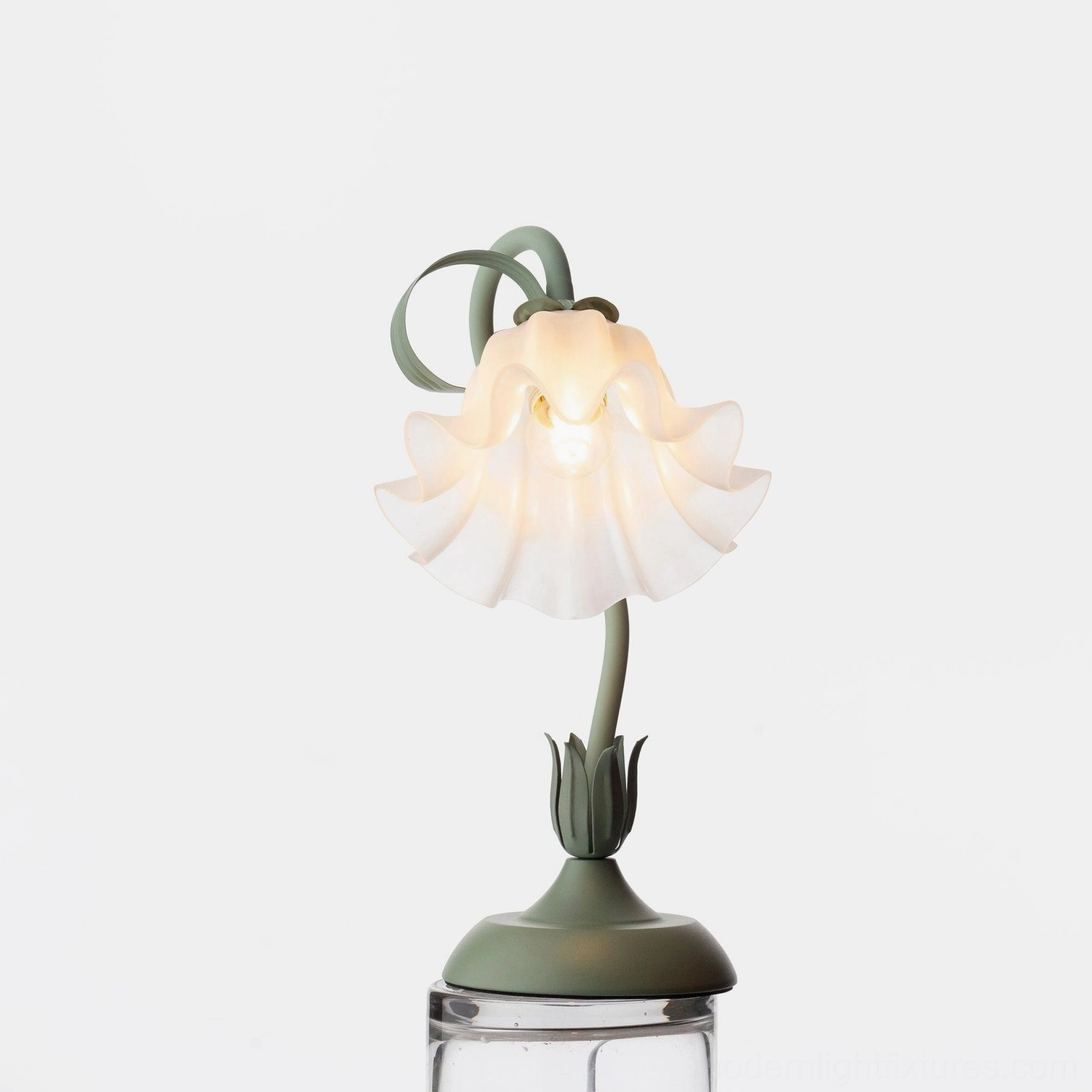 Modern lily flower table lamp showing 50cm height and botanical frosted shade design