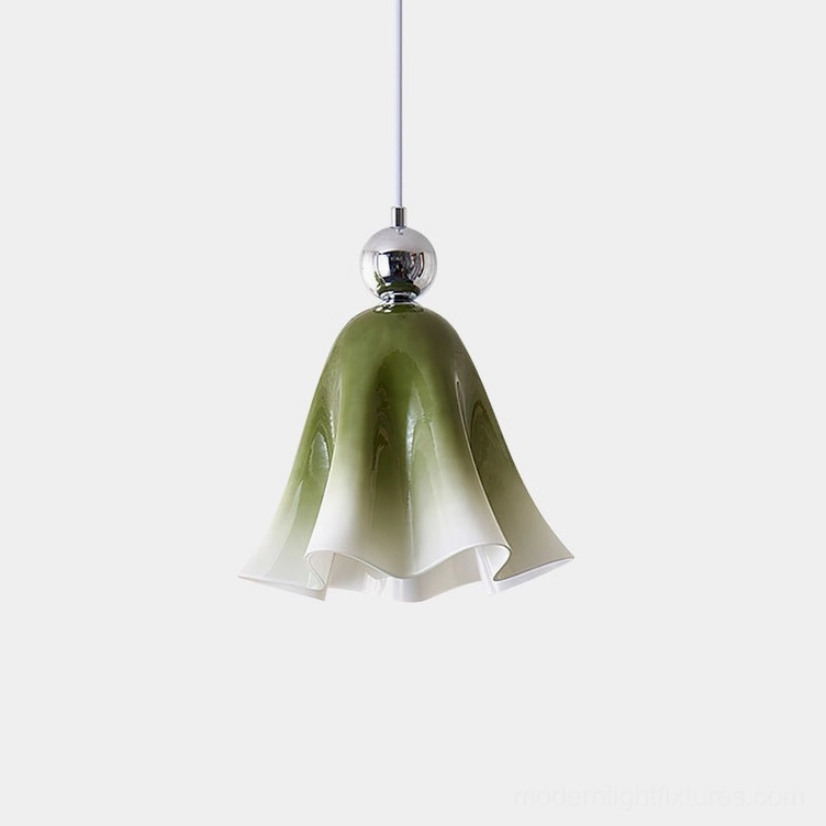White Vellia lily pendant light with gradient glass shade and chrome metal fitting, front overhead view