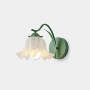 Modern floral wall sconce with lily valley frosted glass shade - front view product photography