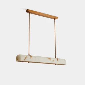 Modern linear alabaster chandelier with golden-bronze brass frame, front view on clean white background, contemporary pendant lighting fixture
