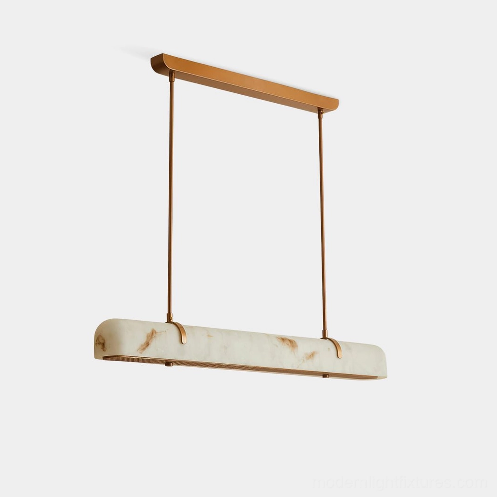 Modern linear alabaster chandelier with golden-bronze brass frame, front view on clean white background, contemporary pendant lighting fixture