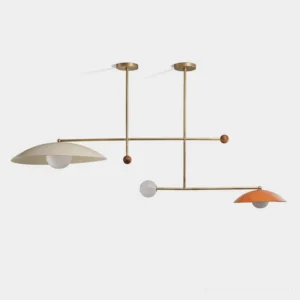 Modern linear brass chandelier with domed shades and wooden sphere accents, front view on white studio background