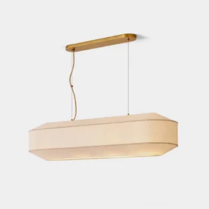 Elvara linear pendant chandelier with beige fabric shade and brushed gold metal suspension, front studio shot on white background