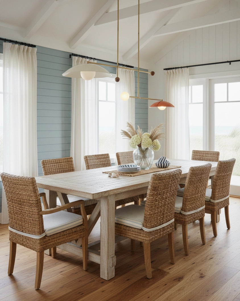 Cross linear pendant chandelier in casual coastal dining area with rattan chairs and wooden table