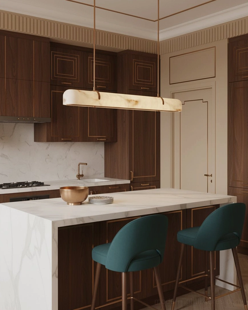 Contemporary linear alabaster chandelier in minimalist modern kitchen with warm wood cabinetry and teal bar stools