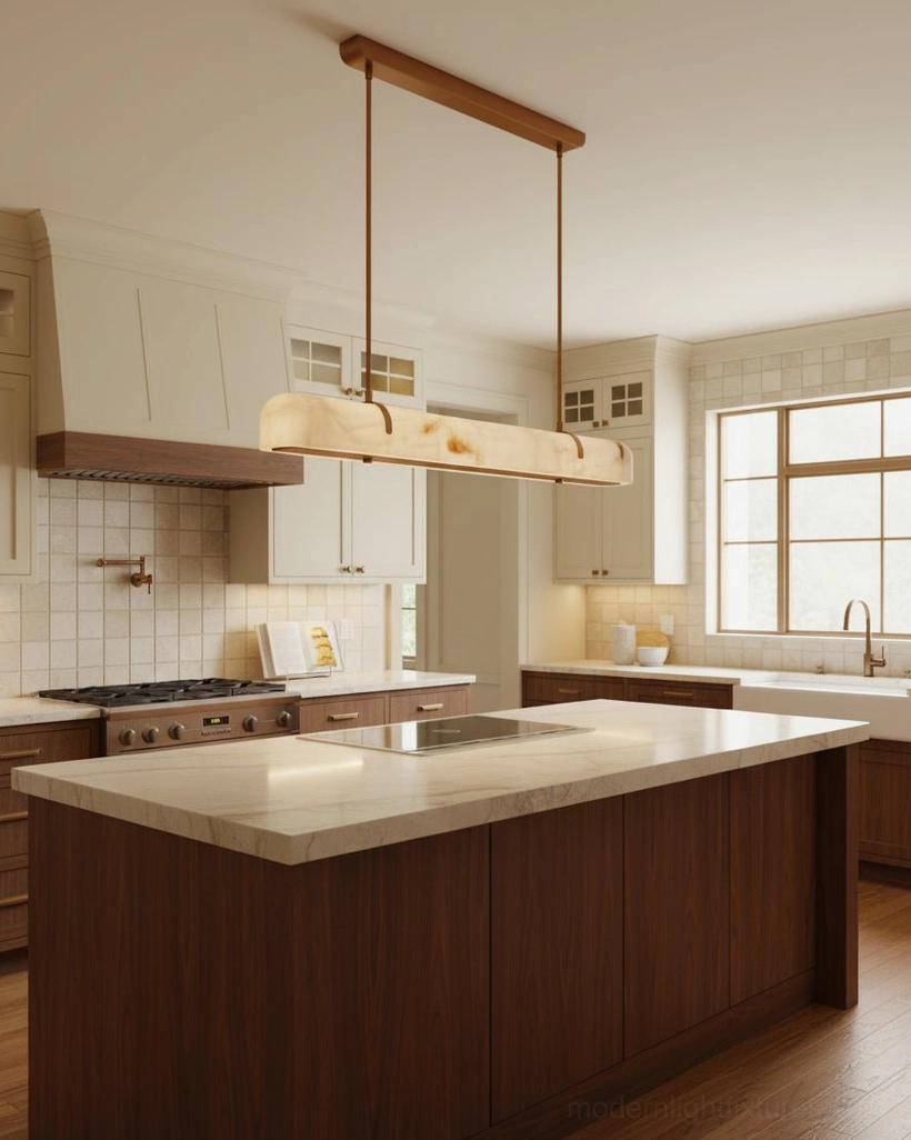Contemporary linear chandelier in minimalist light-colored modern kitchen with clean cabinet design