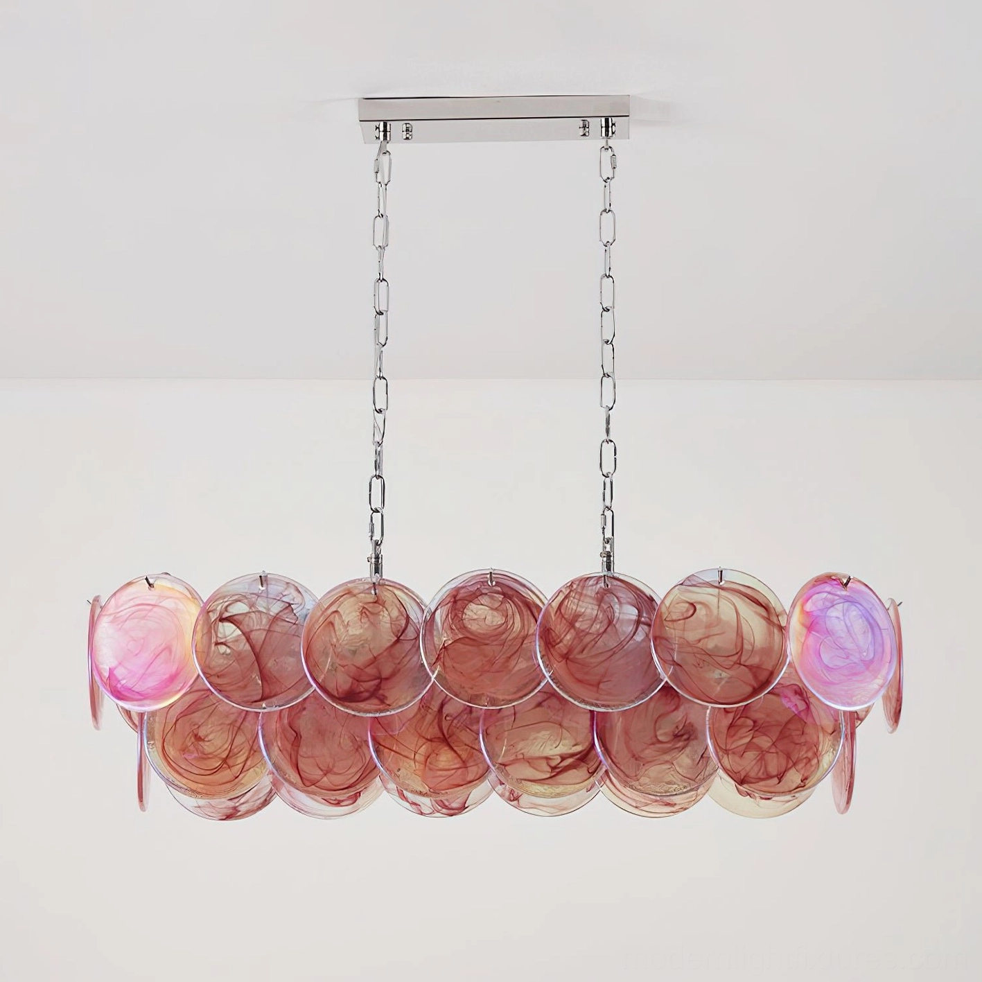 Modern linear glass disc chandelier featuring pink-purple gradient marbled discs and silver fixtures