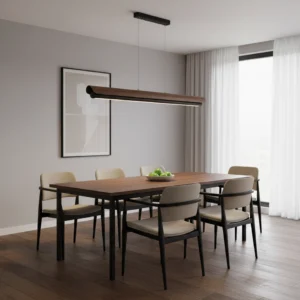 Sleek walnut linear chandelier with black metal hardware, contemporary pendant light design