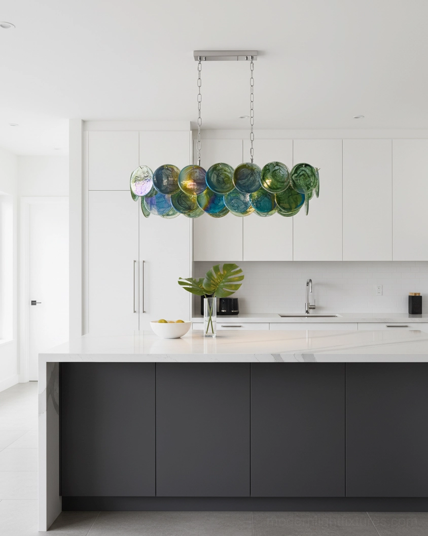 Modern linear glass disc chandelier with vibrant colorful orange marbled glass discs