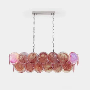 Modern linear glass disc chandelier with pink marbled shades and chrome hardware, frontal studio view