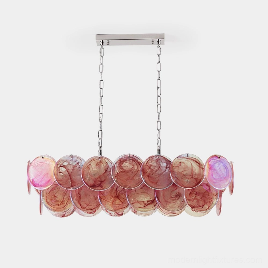 Modern linear glass disc chandelier with pink marbled shades and chrome hardware, frontal studio view
