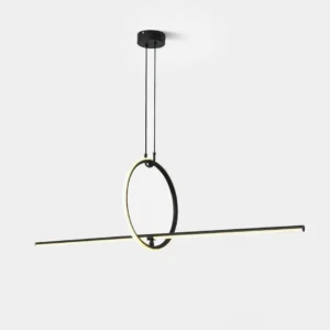 Modern linear island pendant light with matte black frame and acrylic diffuser, front view studio photography