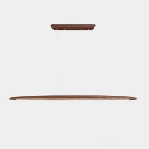 Modern linear LED wood chandelier with walnut finish suspended above dining space - minimalist pendant light design