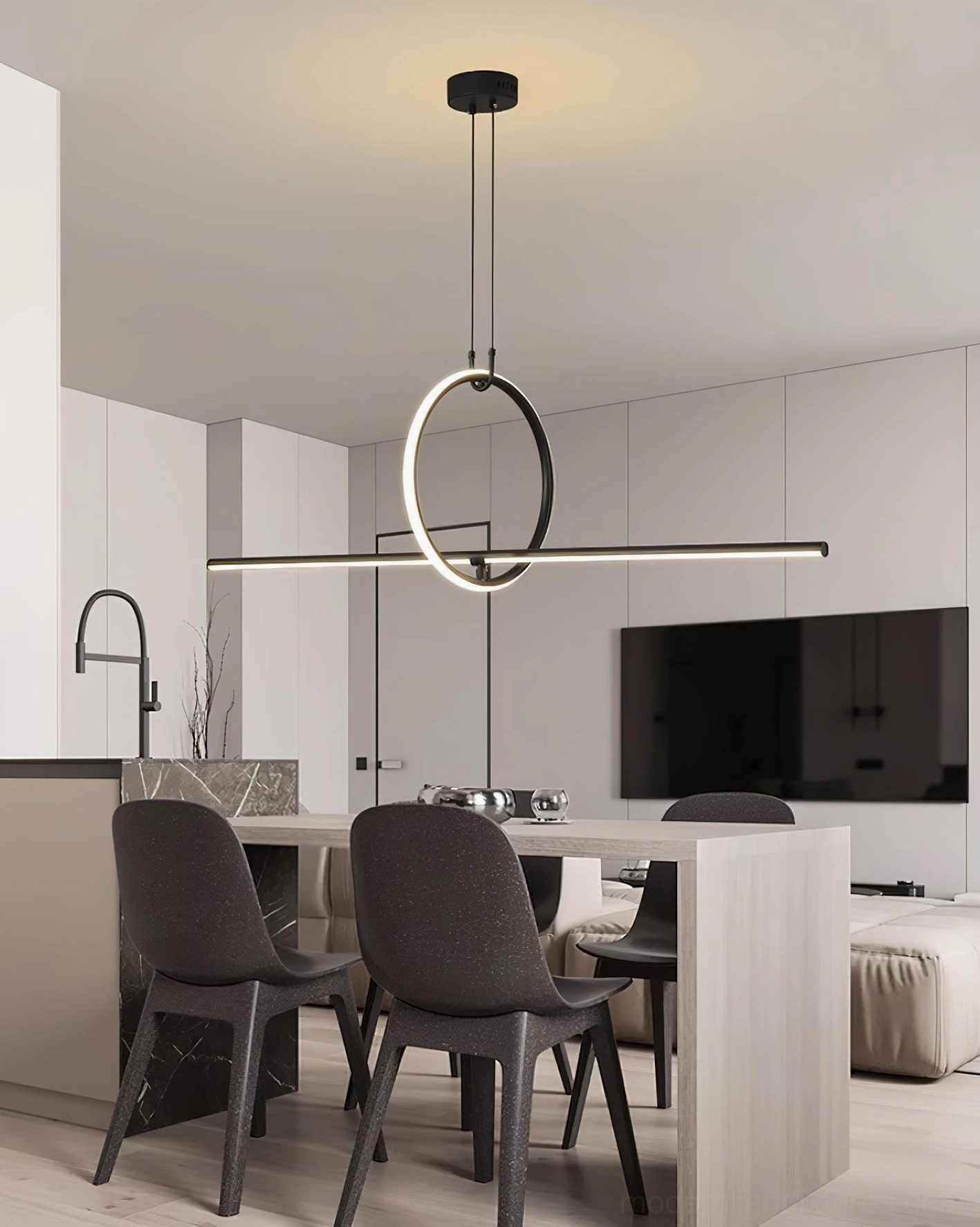 Modern linear pendant fixture with integrated LED technology mounted in contemporary kitchen setting