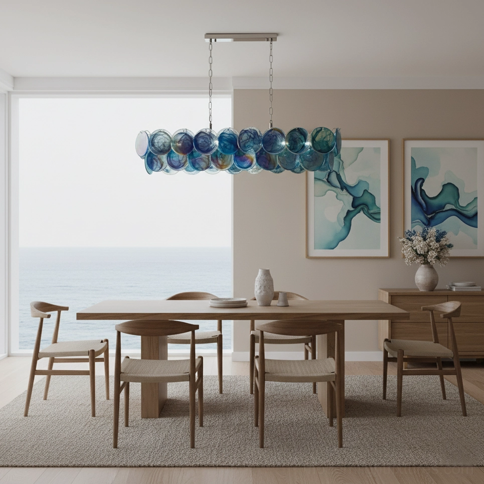 Modern linear pendant chandelier with layered marbled glass discs and chrome metal hardware