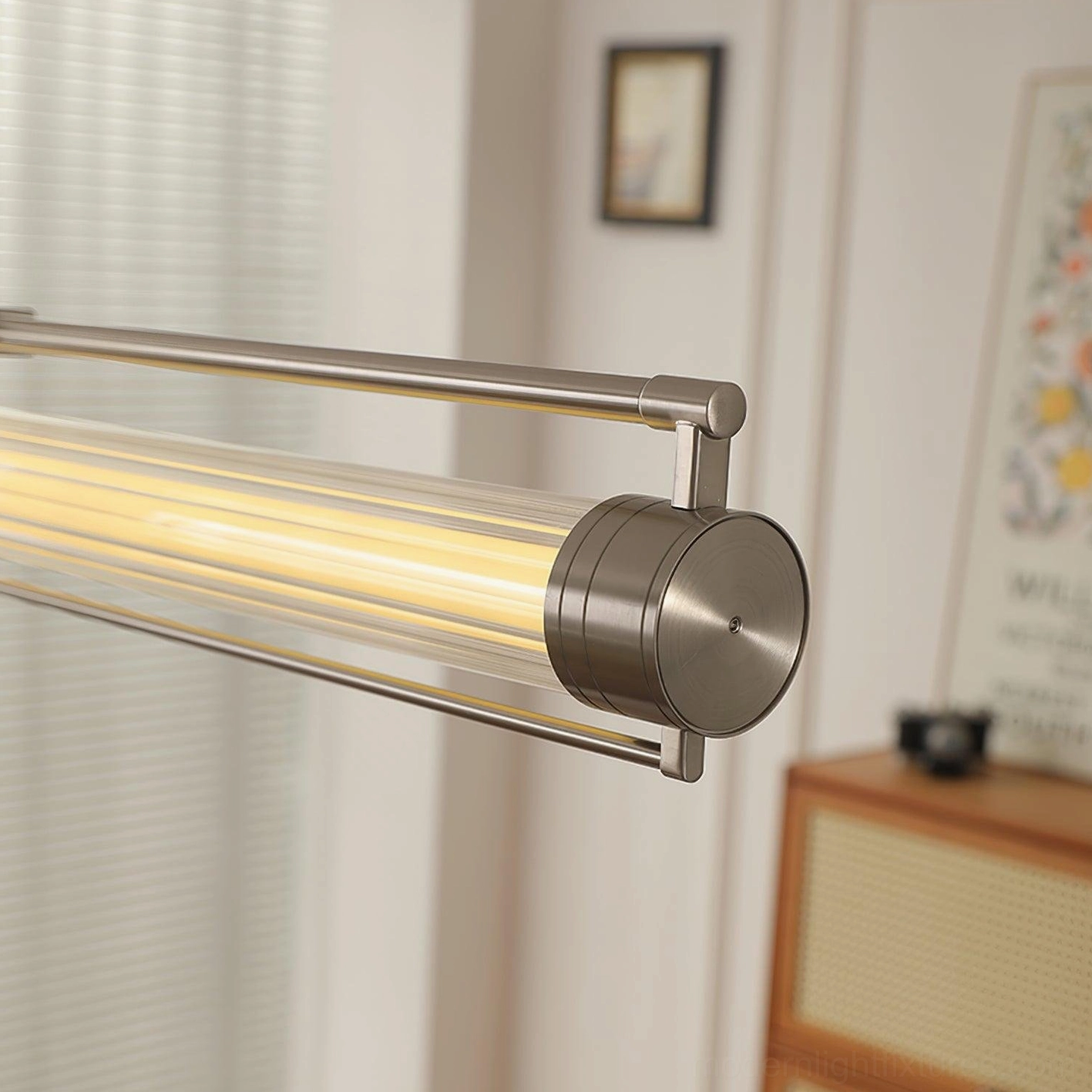 Modern linear pendant light fixture - clear glass tube with sand nickel hardware and integrated warm LED