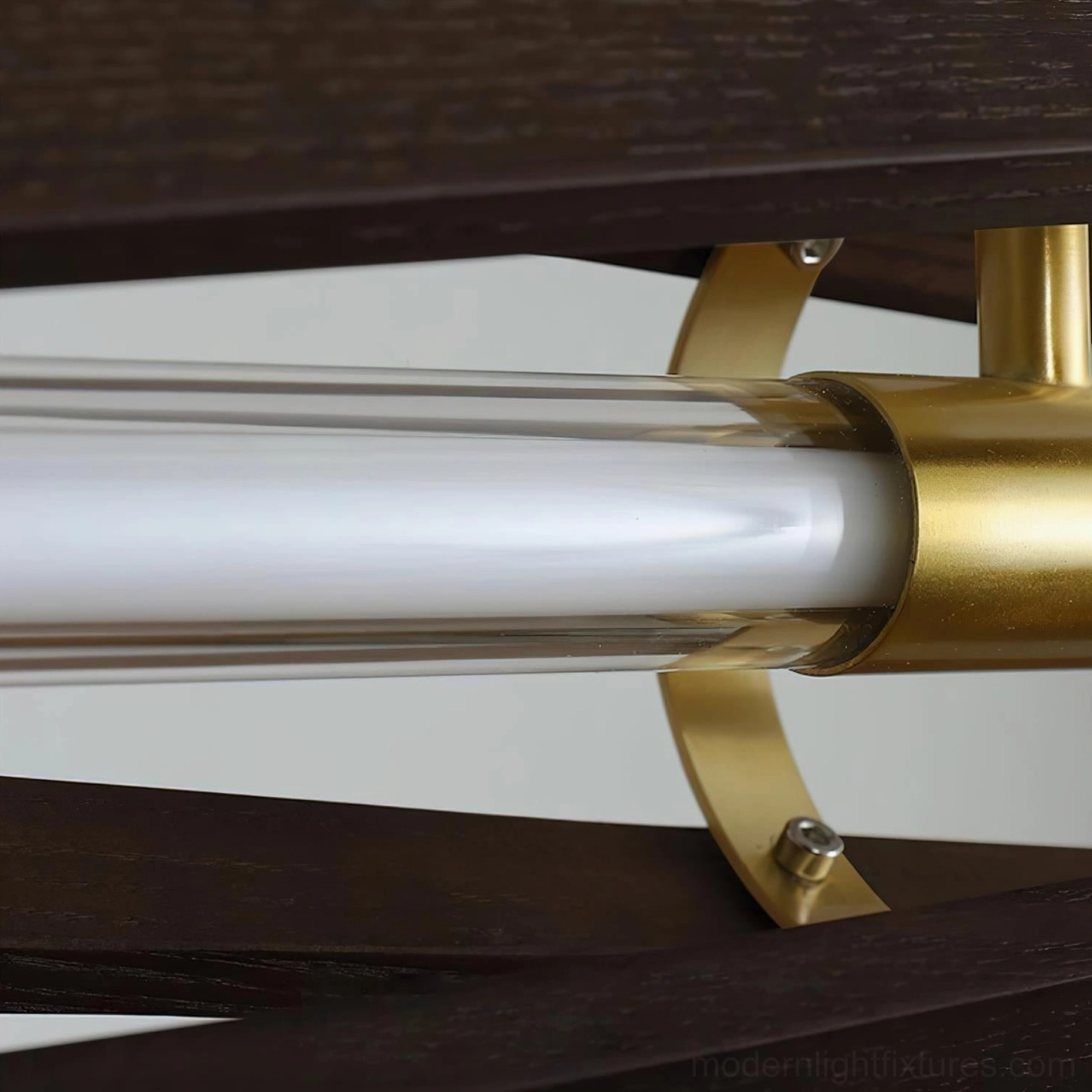 Modario modern linear wood LED chandelier in various finishes: walnut, oak, and brass color options