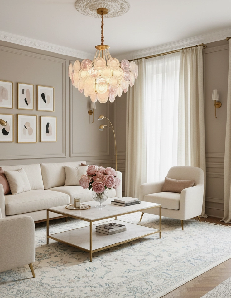 Violaire pink glass chandelier distant overhead view in modern neutral living room with brass gold hardware