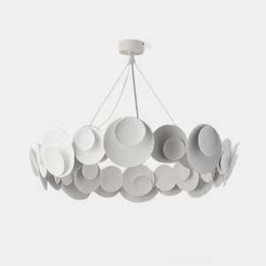 Modern Lunar Medallion white disc cluster chandelier front overhead studio view with geometric circular discs