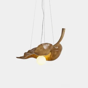 Maple leaf wooden pendant light with resin shade and warm brown finish, overhead view against white background