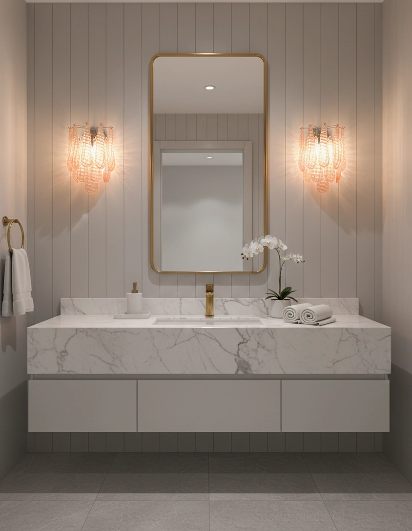 Damp-rated glass wall sconces creating warm ambient lighting in modern marble bathroom