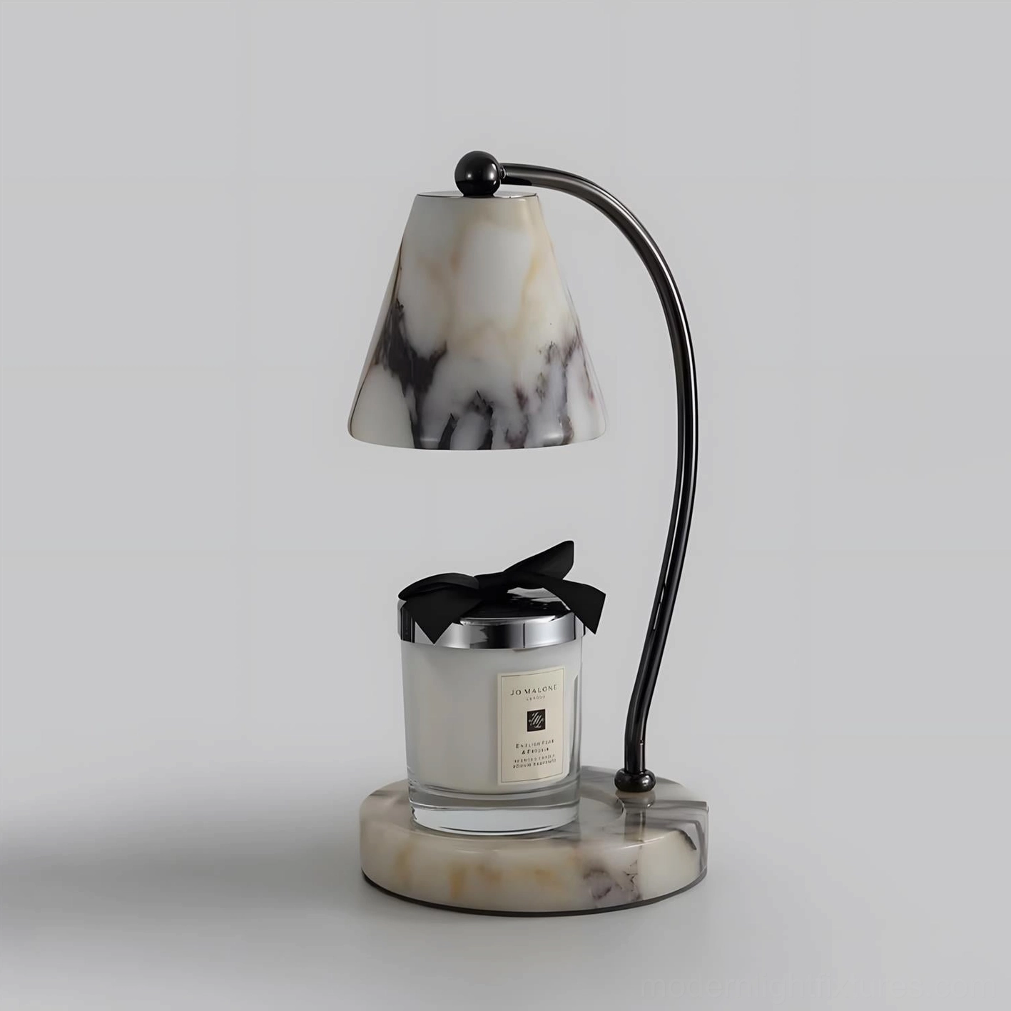 Modern candle warmer lamp with marble shade and black metal arm available in multiple plug options