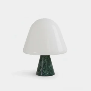 Modern marble mushroom table lamp with opal glass shade and dark green marble base, studio frontal view showcasing minimalist mid-century design